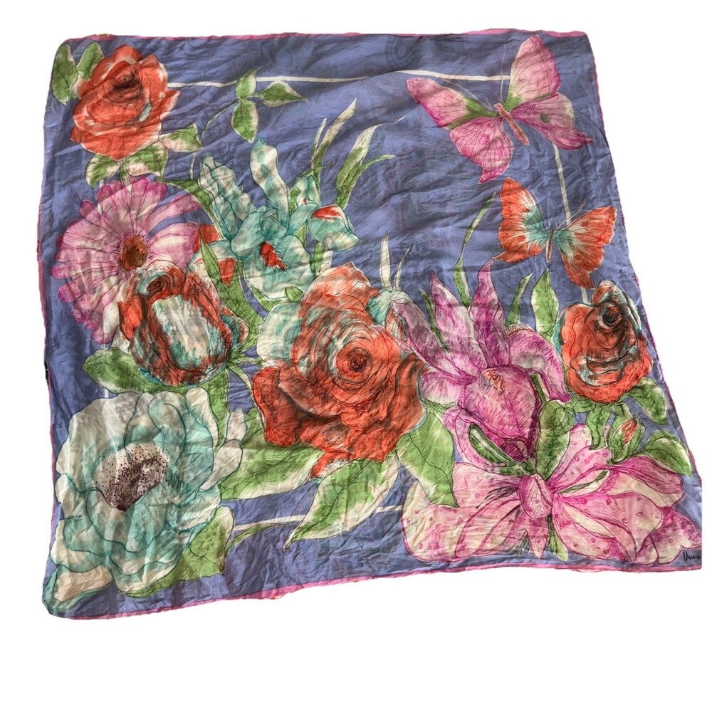 Vera Neumann Vintage Silk Scarf Floral Iris Butterfly Roses 20x20
